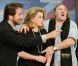 Edouard Baer, Catherine Deneuve et Gérard Depardieu lors de l'avant première de  Astérix et Obelix : Au service de Sa Majesté , à Berlin, le 1er octobre 2012.