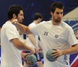 Nikola et Luka Karabatic lors du match de handball entre le Paris Saint-Germain et Montpellier le 30 septembre 2012 à Paris