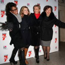 L'équipe du Grand 8 - Audrey Pulvar, Elisabeth Bost et Roselyne Bachelot -, à la soirée 'I love TV on Ice' au Grand Palais des Glaces à Paris, le 12 décembre 2012