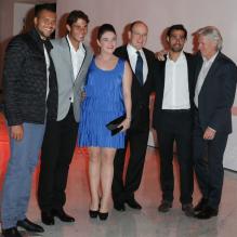 <p>Jo-Wilfried Tsonga, Rafael Nadal, Mélanie-Antoinette Costello de Massy, Albert II de Monaco, Fabio Fognini et Björn Borg. Soirée La grande nuit du tennis lors du Rolex Masters de Monte-Carlo, le 19 avril 2013</p>
