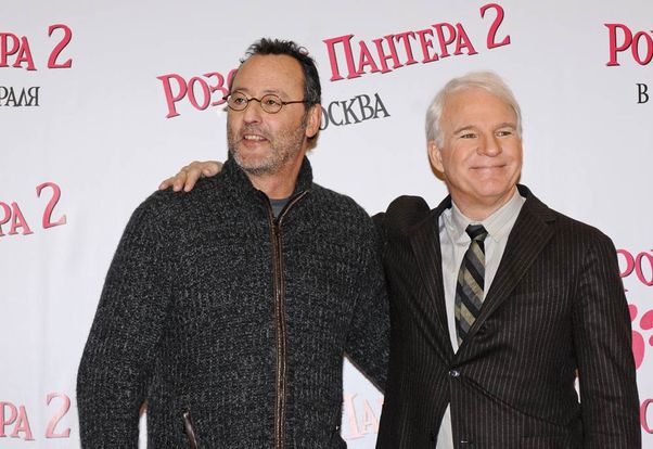Steve Martin et Jean Reno à l'avant-première de  La panthère rose 2 , à Moscou. 09/02/09
