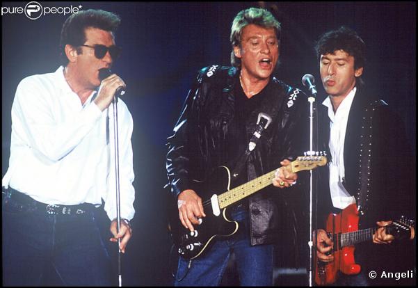 Alain Bashung avec Johnny Hallyday et Eddy Mitchell au Palais des Sports de Paris le 24 juin 1989