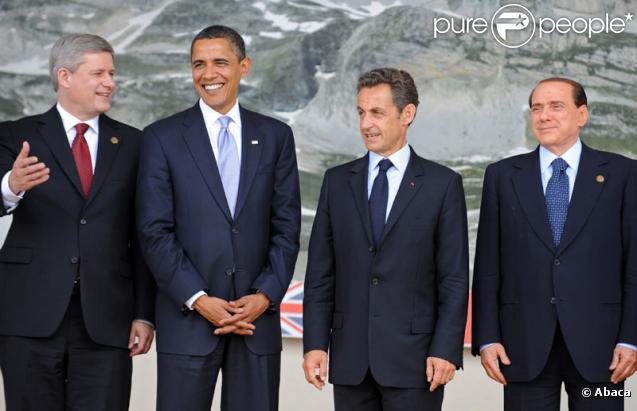Stephen Harper, Barack Obama, Nicolas Sarkozy et Silvio Berlusconi lors du sommet du G8 à L'Aquila en Italie le 8 juillet 2009