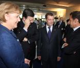 Angela Merkel, Jose Manuel Barroso, Dmitri Medvedev et Nicolas Sarkozy  lors du sommet du G8 à L'Aquila le 8 juillet 2009  