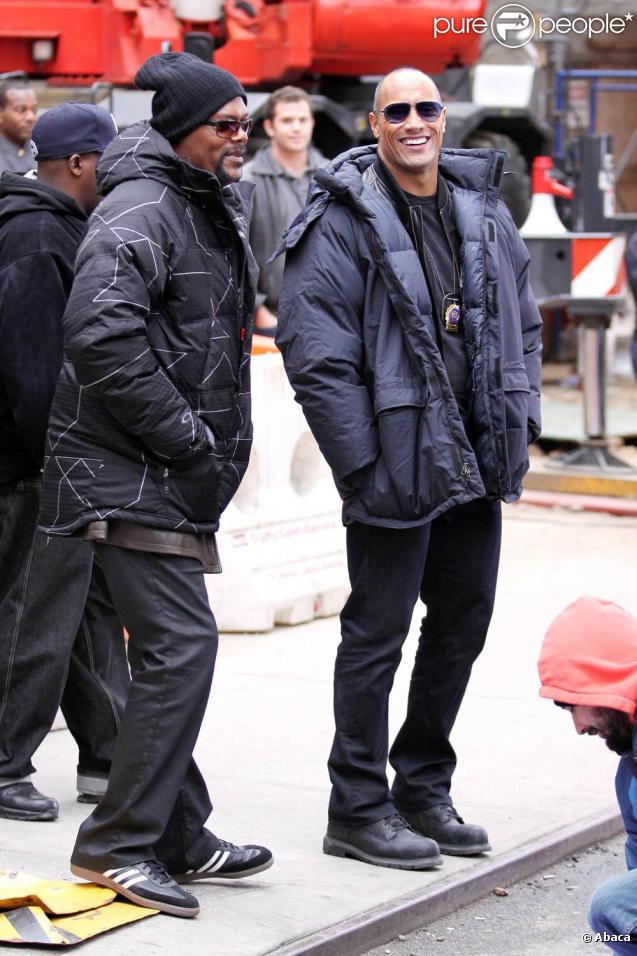 Samuel L. Jackson et Dwayne Johnson, sur le tournage de  The Other Guys , la nouvelle comédie policière d'Adam McKay, qui se tourne à New York, le 23 octobre 2009 !