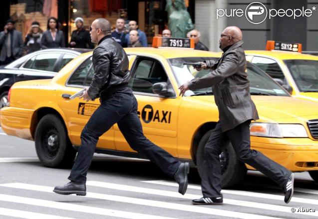 Dwayne Johnson et Samuel L. Jackson, sur le tournage de  The Other Guys , la nouvelle comédie policière d'Adam McKay, qui se tourne à New York, le 23 octobre 2009 !