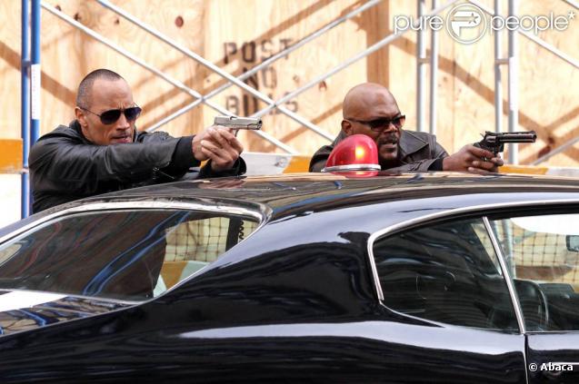 Dwayne Johnson et Samuel L. Jackson, sur le tournage de  The Other Guys , la nouvelle comédie policière d'Adam McKay, qui se tourne à New York, le 23 octobre 2009 !