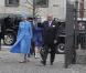 La reine Margrethe et le prince Henrik arrivent, le 14 avril 2011, au baptême des jumeaux Vincent et Joséphine, leurs petits-enfants, à l'église protestante d'Holmen, à Copenhague. 