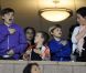 Romeo, Brooklyn et Cruz, la main sur le coeur, suivent l'hymne afin de soutenir leur papa David Beckham lors du match opposant les LA Galaxy au Portland Timbers  au Depot Center de Los Angeles le 23 avril 2011