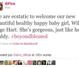Twitt de Pink annonçant la naissance de sa fille Willow Sage