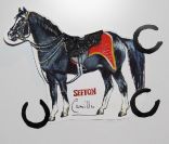 Aquarelle de Camilla Parker Bowles représentant Sefton dans le cadre de l'exposition Cheval de guerre : réalité et fiction à Londres. 