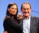 Jean-Pierre Pernaut et Nathalie Marquay lors de la présentation de la pièce, Piège à Matignon, au théâtre du Gymnase, le 16 février 2012