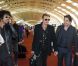 Johnny Hallyday arrive à l'aéroport de Moscou avec son manager Sébastien Farran et Yarol Poupaud, le 29 mai 2012.