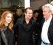Melissa, Franck Dubosc et Alain Delon lors de la vente aux enchères des toiles de Florence Cassez, à Paris, le 16 juin 2012.