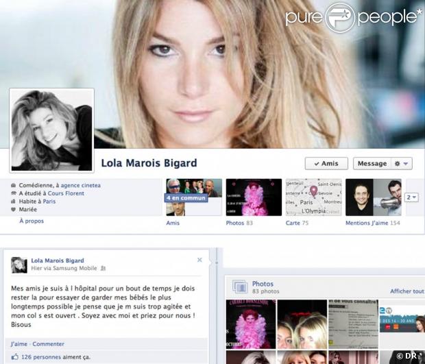 Capture d'écran de la page Facebook de Lola Bigard sur laquelle elle annonce son hospitalisation, le 23 octobre 2012.