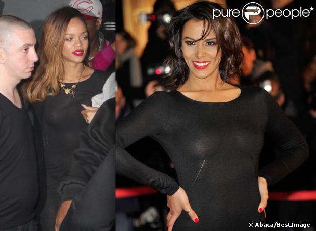 Rihanna à Los Angeles le 24 janvier 2013, contre Shy'm à Cannes le 26 : qui monter le mieux son corps en transparence dans une robe noire ?