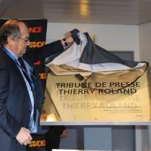 Nöel Le Graët lors de l'inauguration de la tribune de presse du Stade de France qui portera désormais le nom de Thierry Roland, le 6 février 2013