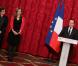 Valérie Trierweiler, François Hollande et Valérie Fourneyron, ministre des Sports lors de la cérémonie de remise de la Légion d'honneur aux sportifs médaillés à Londres lors des Jeux olympiques, au palais de l'Elysée le 1er mars 2013 à Paris