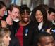 Les filles de l'équipe de France de basket lors de la cérémonie de remise de la Légion d'honneur aux sportifs médaillés à Londres lors des Jeux olympiques, au palais de l'Elysée le 1er mars 2013 à Paris