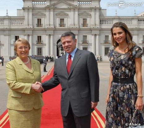 Rania de Jordanie et son mari le Roi Abdullah II, ainsi que la présidente Chilienne Michelle Bachelet