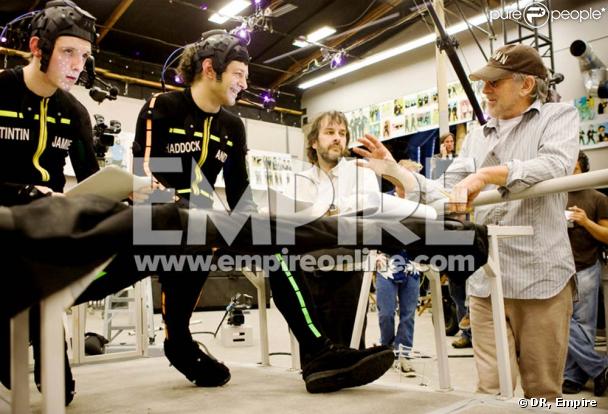 Tintin (Jamie Bell) et Haddock (Andy Serkis) prêts à passer à l'action sous les yeux de Steven Spielberg et Peter Jackson