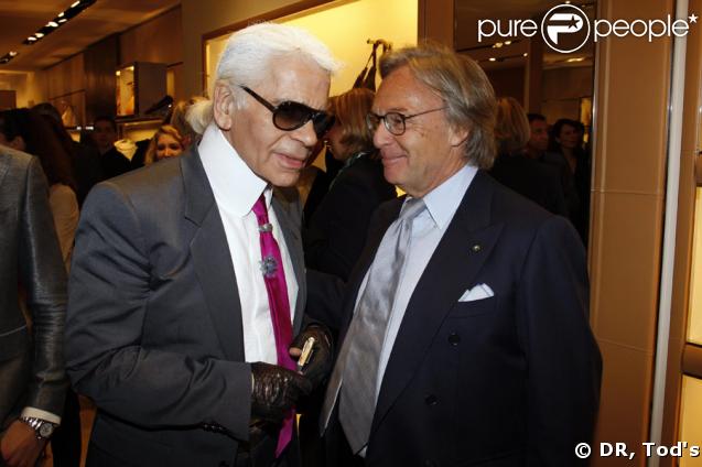 Karl Lagerfeld et Diego della Valle à la soirée Tod's donnée le 28 avril 2009, rue du Faubourg St Honoré.