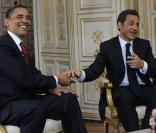 Barack Obama et Nicolas Sarkozy lors d\'une conférence de presse avant les cérémonies pour le 65e anniversaire du débarquement du 6 juin 1944