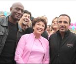 Harry Roselmack, Roselyne Bachelot et Nikos lors de la course Odyssea au profit de la lutte contre le cancer du sein sur l'esplanade du château de Vincennes le 4 octobre 2009