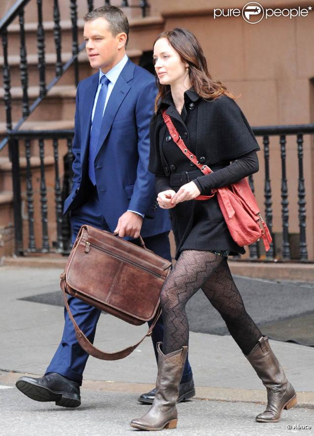 Matt Damon et Emily Blunt sur le tournage de  The adjustment   bureau , à New York, le 5 octobre 2009 !