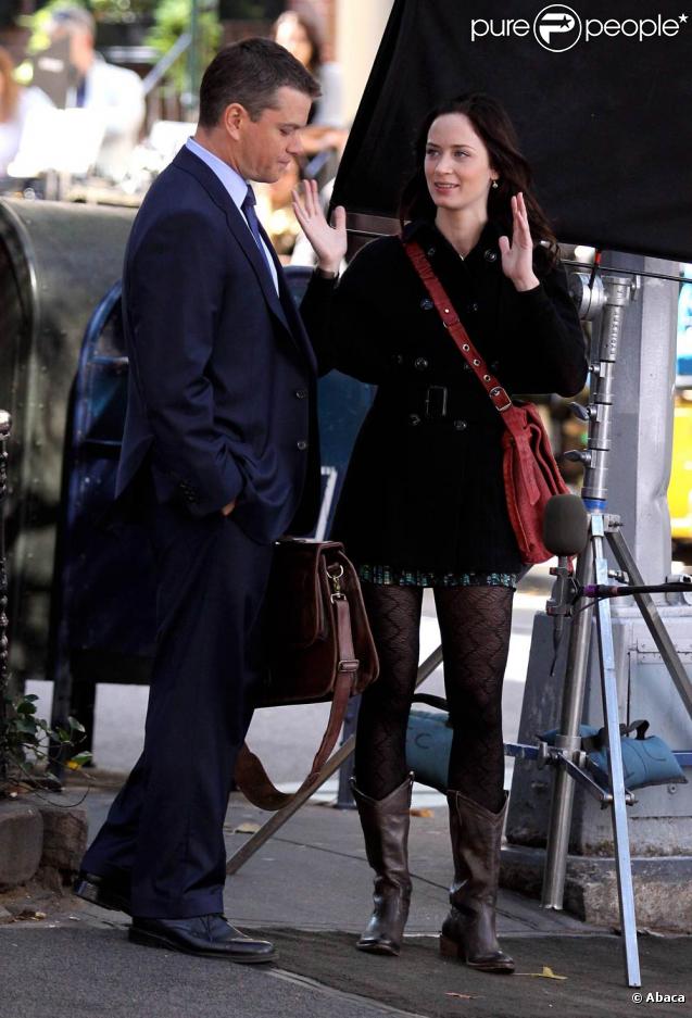 Matt Damon et Emily Blunt sur le tournage de  The adjustment   bureau , à New York, le 5 octobre 2009 !