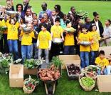 Michelle Obama dans les jardins de la maison blanche en train de s'occuper de son potager