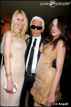 Claudia Schiffer, Karl Lagerfeld et Carla Bruni 