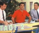 Christian Quidet, aux côtés de Lionel Chamoulaud et Gérard Holtz, sur le plateau de Stade 2 en 1988