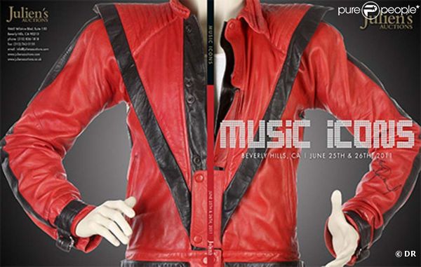 La vente aux enchères Music Icons se tiendra les 25 et 26 juin 2011 à Los Angeles. Le blouson de cuir rouge du clip Thriller de Michael Jackson en est la pièce maîtresse.