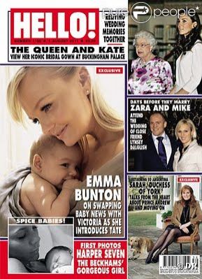  Emma Bunton pose avec son fils Tate en couverture du magazine anglais Hello. 