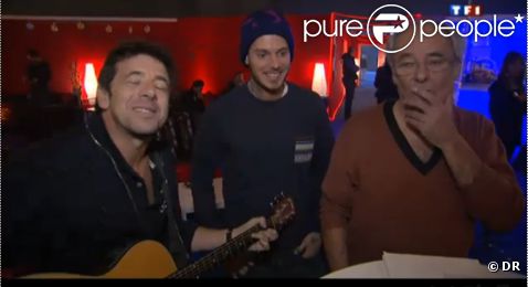 Patrick Bruel, M. Pokora et Maxime Le Forestier lors du spectacle des Enfoirés 2012