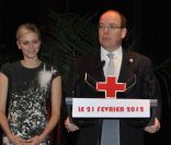  Le prince Albert II de Monaco pendant son discours et sa femme la princesse Charlene lors de la cérémonie de la Croix-Rouge, à Monaco, le 21 février 2012 
