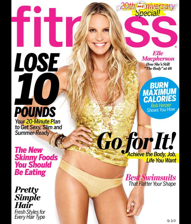 Elle Macpherson en couverture du magazine  Fitness  du mois de mai, dévoile son corps qui lui vaut jusqu'aujourd'hui le surnom The Body.