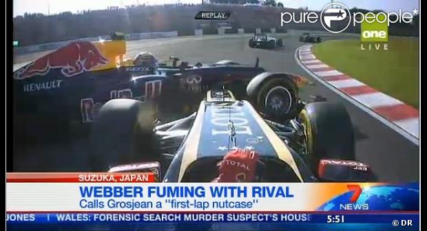 Romain Grosjean provoque un accident en rentrant dans Mark Webber, qui parle alors du "taré du premier tour", le 7 octobre 2012 à Suzuka