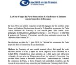 Communiqué officiel de la société Miss France - vendredi 26 octobre 2012