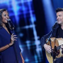 <p>Exclusif - Karine Le Marchand et Roch Voisine lors de l'enregistrement au Théâtre Marigny de l'émission Toute la télé chante pour le Sidaction à Paris le 21 mars 2013, qui sera diffusée sur France 2 le 6 avril 2013.</p>