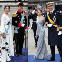 Mathilde et Philippe de Belgique, Mary et Frederik de Danemark, Letizia et Felipe d'Espagne, Lalla Salma du Maroc : défilé princier pour la prestation de serment du roi Willem-Alexander des Pays-Bas, le 30 avril 2013 en la Nouvelle Eglise d'Amsterdam.