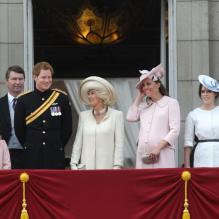 <p>Sophie de Wessex et sa fille Lady Louise, le prince Harry, Camilla Parker Bowles, Kate Middleton, enceinte et en Alexander Mc Queen, la princesse Eugenie d'York et son père le prince Andrew au balcon de Buckingham Palace, le 15 juin 2013, en conclusion de la parade Trooping the Colour à la gloire des forces armées et de l'anniversaire de la souveraine, Elizabeth II.</p>