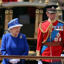 Queen Elizabeth II and Prince Michael, of Kent stand on a dias to review the troops during the annual Trooping of the Colours ceremony in London, UK on Saturday June 15, 2013. Britain's Queen Elizabeth II and members of the royal family at Buckingham Palace in central London for the Trooping of the Colours ceremony in celebration of the Queen's official Birthday. Prince Philip, the Duke of Edinburgh missed the occasion recuperating in hospital after a medical procedure. Photo by Michael Dunlea/Barcroft Media/ABACAPRESS.COM15/06/2013 - London