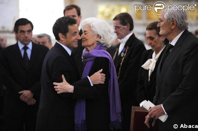 Obsèques de Maurice Druon aux Invalides, le 20 avril 2009. Nicolas Sarkozy et Madeleine Druon. 
