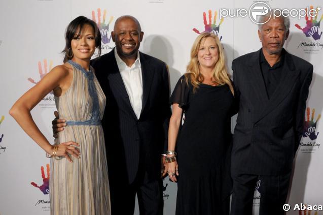 Keisha et Forrest Whitaker au côté de Morgan Freeman et Lori McGreavy, lors de la soirée organisée au Beverly Hills Hotel, au profit de la Nelson Mandela Foundation, le 14 mai 2009