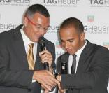 Jean-Christophe Babin et Lewis Hamilton, à l'occasion de la présentation de la nouvelle collection de montres Monaco LS par Teug Heuer, à 