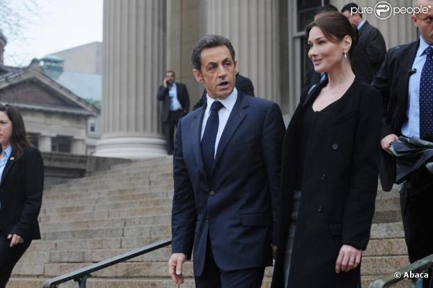 Carla Bruni-Sarkozy et Nicolas Sarkozy à leur arrivée à l'Université de Columbia. New York, le 29/03/10