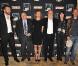 Samuel Le Bihan, Claude Chabrol, Sylvie Testud, François Berléand, Michèle Halberstadt et Frédéric Proust, lors de la remise du 10e Prix Ciné Roman Carte Noire, dans l'enceinte du Plaza Athénée, à Paris, le 3 mai 2010.