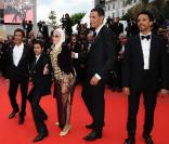 Présentation de <em>Hors-la-loi </em>à Cannes, le 21 mai 2010 : Rachid Bouchareb, Jamel Debbouze, Sami Bouajila, Roschdy Zem<br />
